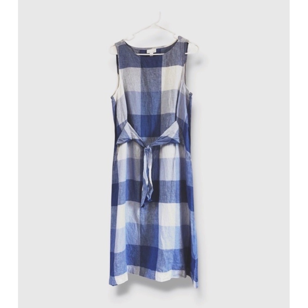 J. Jill LOVE LINEN Blue White Windowpane Plaid Sleeveless Tank Dress Medium Sz M
